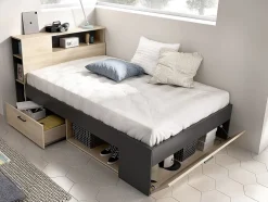 Lit avec tête de lit rangements et tiroirs - 120 x 190cm - Coloris : Naturel et anthracite + Sommier - LEANDRE