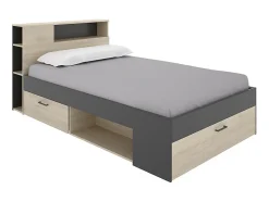 Lit avec tête de lit rangements et tiroirs - 120 x 190cm - Coloris : Naturel et anthracite + Sommier - LEANDRE