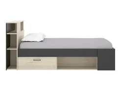 Lit avec tête de lit rangements et tiroirs - 120 x 190cm - Coloris : Naturel et anthracite + Sommier - LEANDRE