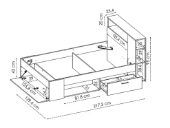 Lit avec tête de lit rangements et tiroirs - 120 x 190cm - Coloris : Naturel et anthracite + Sommier - LEANDRE