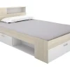 Lit avec tête de lit rangements et tiroir - 120 x 190 cm - Coloris : Naturel et blanc - LEANDRE