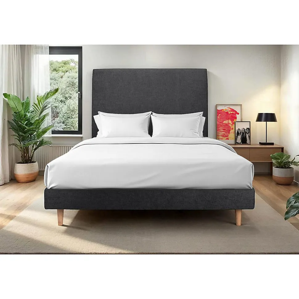 Lit avec tête de lit tapissier tissu et sommier kit - Lit en bois massif