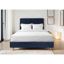 Lit avec tête de lit tapissier velours et sommier tapissier - Lit en bois massif