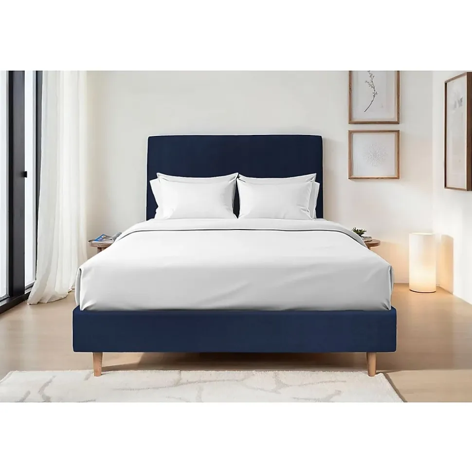 Lit avec tête de lit tapissier velours et sommier tapissier - Lit en bois massif