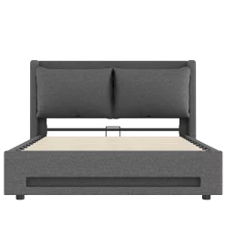 Lit baldaquin velours 140x200 cm, tête de lit élégante, ports USB-C, LED ambiance, rangement - moderne