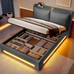 Lit baldaquin velours 140x200 cm, tête de lit élégante, ports USB-C, LED ambiance, rangement - moderne