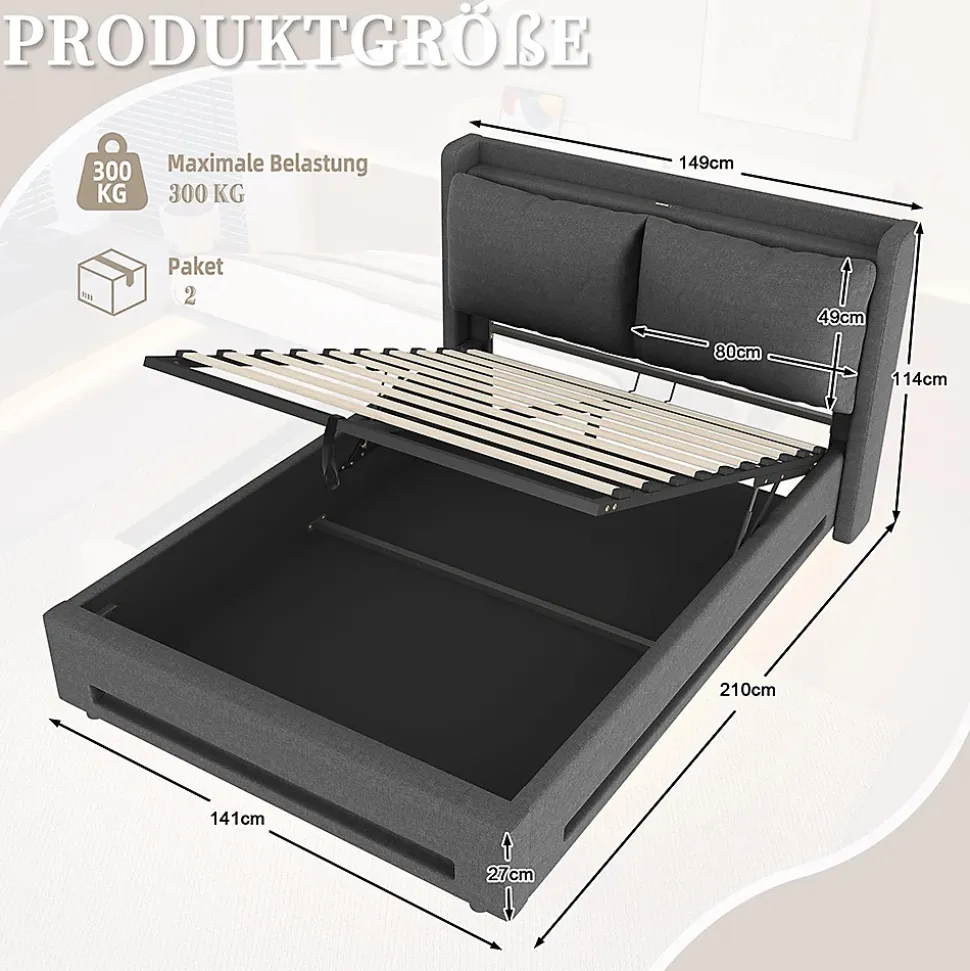 Lit baldaquin velours 140x200 cm, tête de lit élégante, ports USB-C, LED ambiance, rangement - moderne