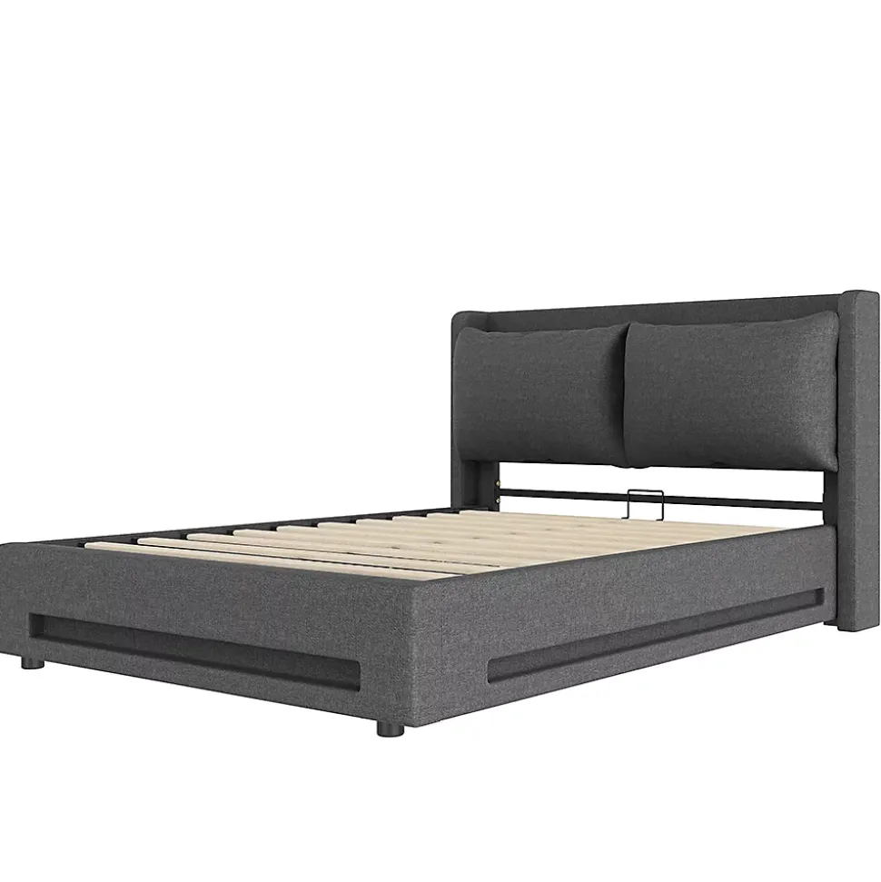 Lit baldaquin velours 140x200 cm, tête de lit élégante, ports USB-C, LED ambiance, rangement - moderne