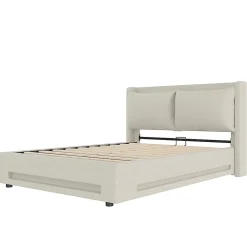 Lit baldaquin velours 140x200 cm, tête de lit élégante, ports USB-C, LED ambiance, rangement - moderne