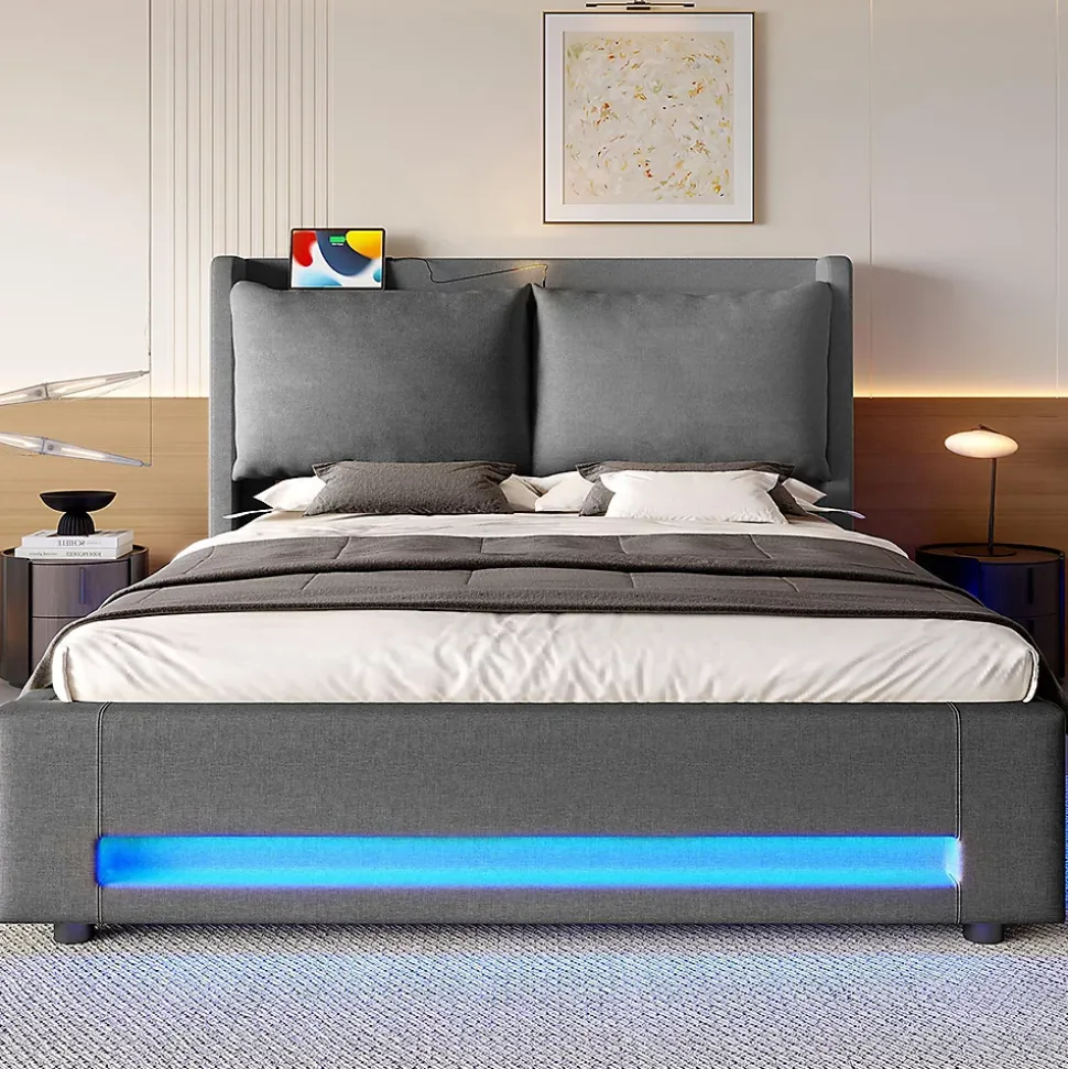 Lit baldaquin velours 160x200 cm, tête de lit élégante, ports USB-C, LED ambiance, rangement - moderne