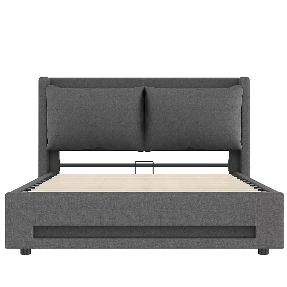 Lit baldaquin velours 160x200 cm, tête de lit élégante, ports USB-C, LED ambiance, rangement - moderne