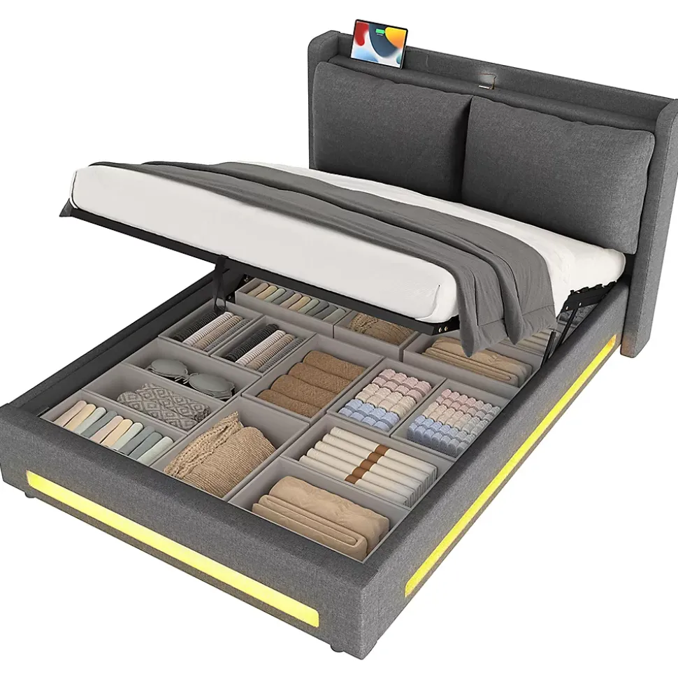 Lit baldaquin velours 160x200 cm, tête de lit élégante, ports USB-C, LED ambiance, rangement - moderne