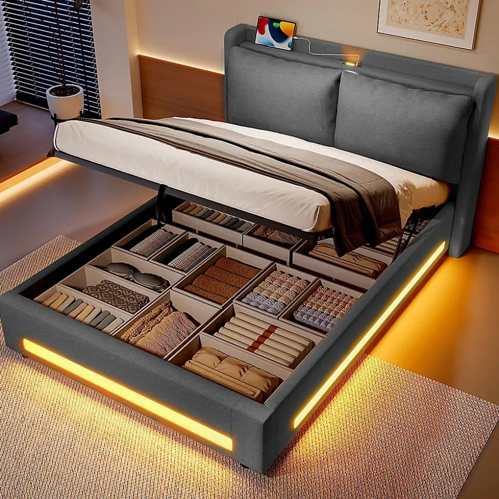 Lit baldaquin velours 160x200 cm, tête de lit élégante, ports USB-C, LED ambiance, rangement - moderne