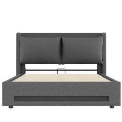 Lit baldaquin velours 140x190 cm, tête de lit élégante, ports USB-C, LED ambiance, rangement - moderne
