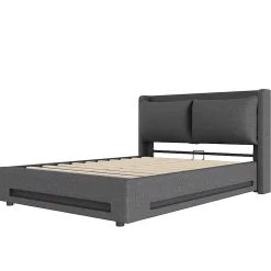 Lit baldaquin velours 140x190 cm, tête de lit élégante, ports USB-C, LED ambiance, rangement - moderne