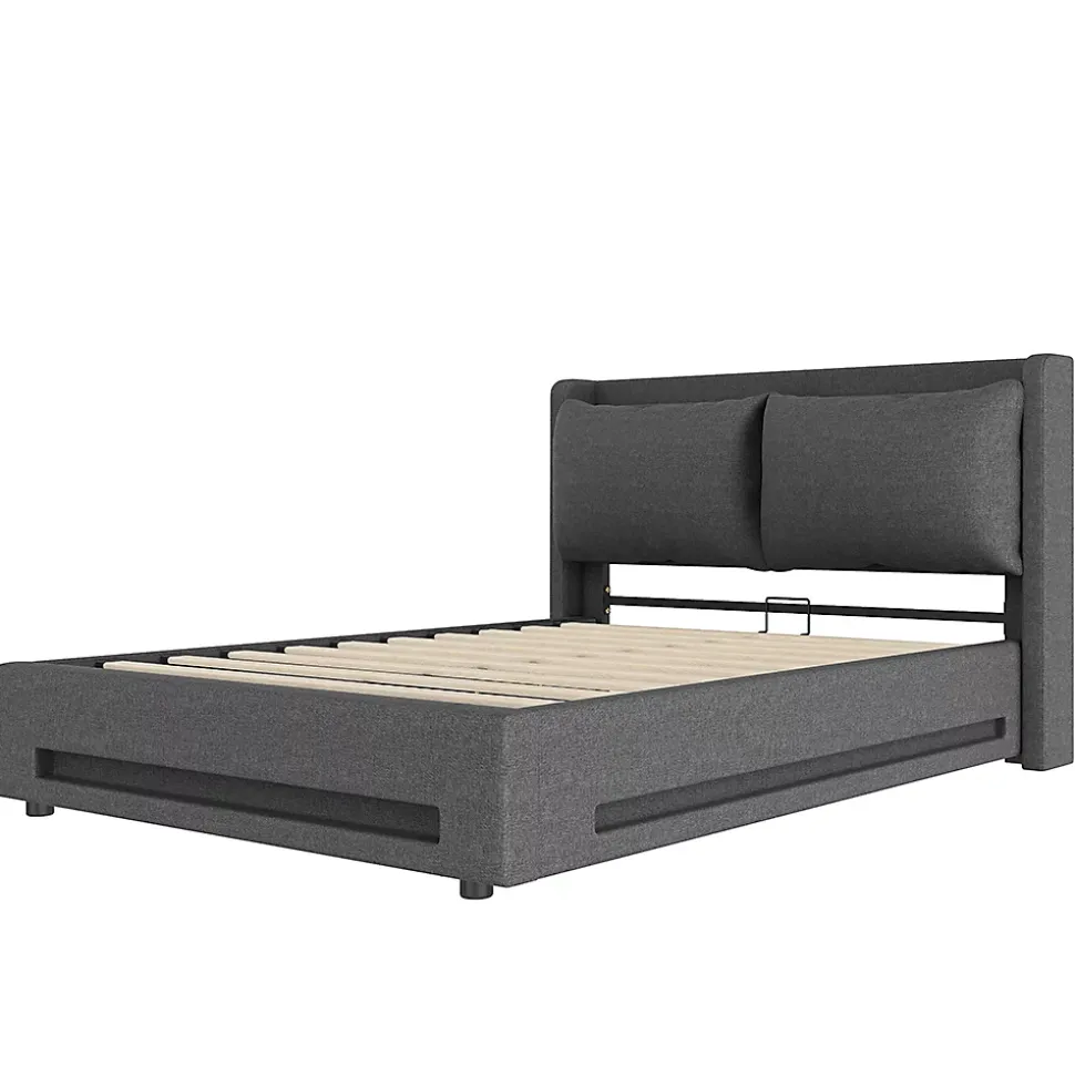 Lit baldaquin velours 140x190 cm, tête de lit élégante, ports USB-C, LED ambiance, rangement - moderne