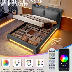 Lit baldaquin velours 140x190 cm, tête de lit élégante, ports USB-C, LED ambiance, rangement - moderne