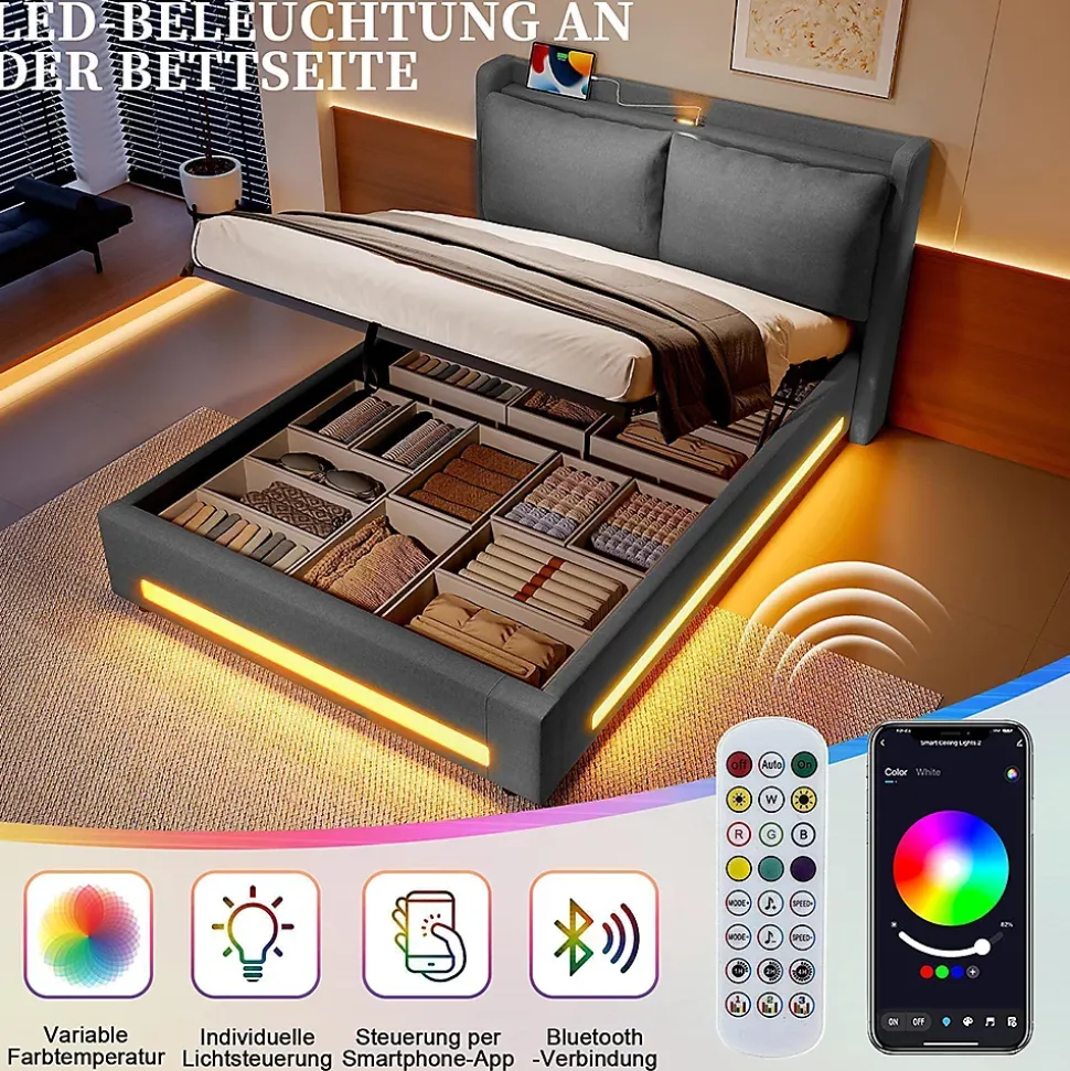 Lit baldaquin velours 140x190 cm, tête de lit élégante, ports USB-C, LED ambiance, rangement - moderne