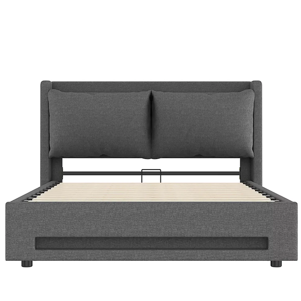 Lit baldaquin velours 140x190 cm, tête de lit élégante, ports USB-C, LED ambiance, rangement - moderne