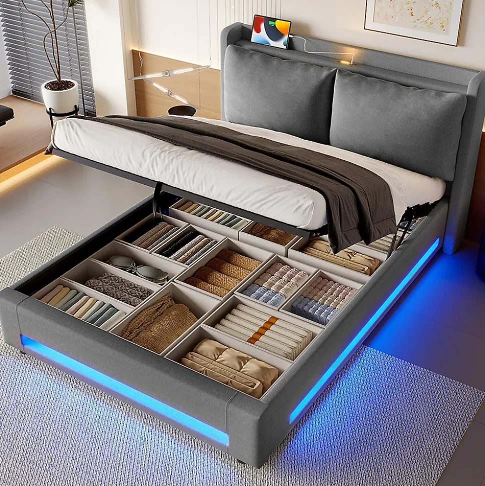 Lit baldaquin velours 140x190 cm, tête de lit élégante, ports USB-C, LED ambiance, rangement - moderne