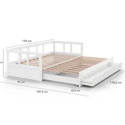Lit banquette 90 x 190 cm ZOYA convertible 180 x 190 cm blanc avec 1 tiroir de rangement