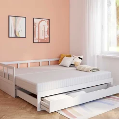 Lit banquette 90 x 190 cm ZOYA convertible 180 x 190 cm blanc avec 1 tiroir de rangement