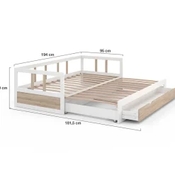 Lit banquette 90 x 190 cm ZOYA convertible 180 x 190 cm blanc et hêtre avec 1 tiroir de rangement