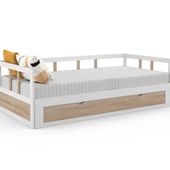 Lit banquette 90 x 190 cm ZOYA convertible 180 x 190 cm blanc et hêtre avec 1 tiroir de rangement