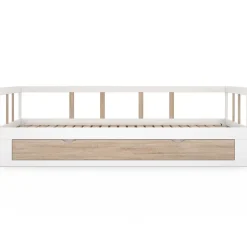 Lit banquette 90 x 190 cm ZOYA convertible 180 x 190 cm blanc et hêtre avec 1 tiroir de rangement