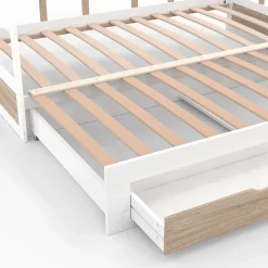 Lit banquette 90 x 190 cm ZOYA convertible 180 x 190 cm blanc et hêtre avec 1 tiroir de rangement