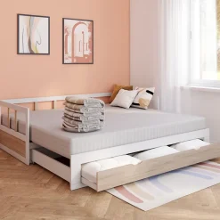 Lit banquette 90 x 190 cm ZOYA convertible 180 x 190 cm blanc et hêtre avec 1 tiroir de rangement