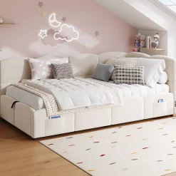 Lit Banquette enfant 90x200 cm - Rembourré Velours avec Prise USB et Rangement Latéral - Sans Matelas - Beige