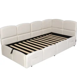 Lit Banquette enfant 90x200 cm - Rembourré Velours avec Prise USB et Rangement Latéral - Sans Matelas - Beige