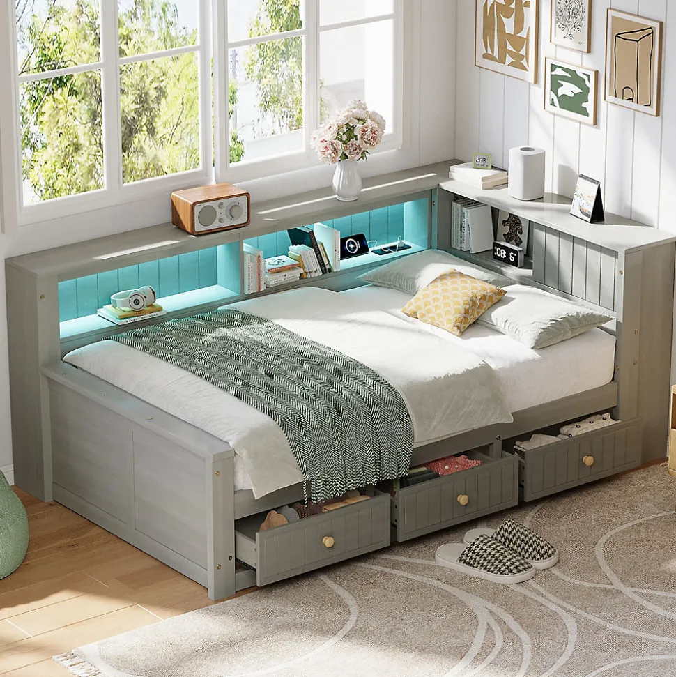 Lit Banquette Simple 90x200 cm - avec Rangement Intégré, 3 Tiroirs et Étagères, MDF et Contreplaqué, Gris, sans Matelas