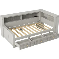 Lit Banquette Simple 90x200 cm - avec Rangement Intégré, 3 Tiroirs et Étagères, MDF et Contreplaqué, Gris, sans Matelas