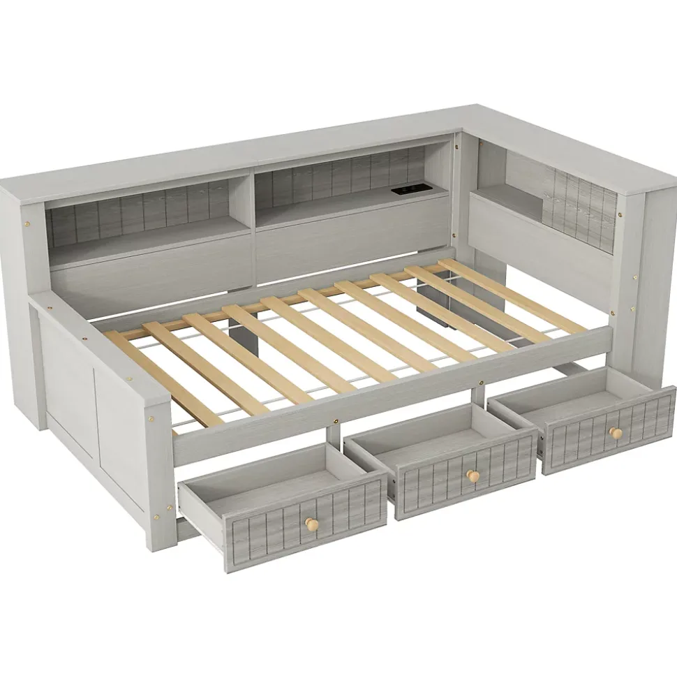 Lit Banquette Simple 90x200 cm - avec Rangement Intégré, 3 Tiroirs et Étagères, MDF et Contreplaqué, Gris, sans Matelas
