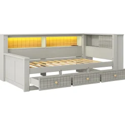 Lit Banquette Simple 90x200 cm - avec Rangement Intégré, 3 Tiroirs et Étagères, MDF et Contreplaqué, Gris, sans Matelas