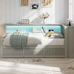 Lit Banquette Simple 90x200 cm - avec Rangement Intégré, 3 Tiroirs et Étagères, MDF et Contreplaqué, Gris, sans Matelas