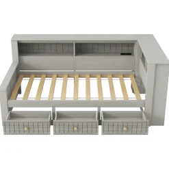Lit Banquette Simple 90x200 cm - avec Rangement Intégré, 3 Tiroirs et Étagères, MDF et Contreplaqué, Gris, sans Matelas