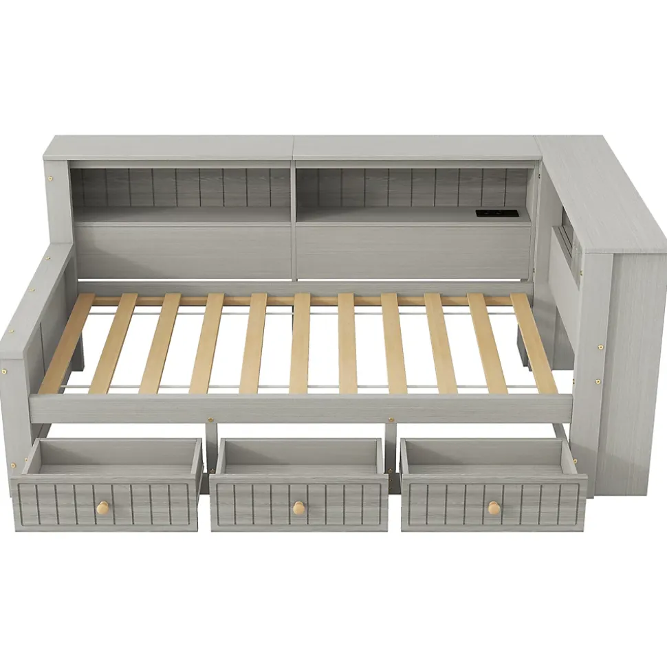 Lit Banquette Simple 90x200 cm - avec Rangement Intégré, 3 Tiroirs et Étagères, MDF et Contreplaqué, Gris, sans Matelas