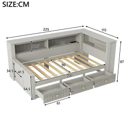 Lit Banquette Simple 90x200 cm - avec Rangement Intégré, 3 Tiroirs et Étagères, MDF et Contreplaqué, Gris, sans Matelas