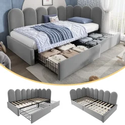 Lit Banquette 90x200 cm - Lit Enfant Capitonné avec 2 Tiroirs de Rangement et Sommier à Lattes, en Velours - sans Matelas - Gris