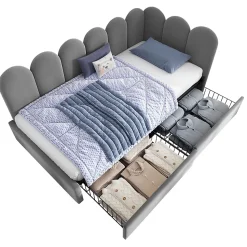 Lit Banquette 90x200 cm - Lit Enfant Capitonné avec 2 Tiroirs de Rangement et Sommier à Lattes, en Velours - sans Matelas - Gris