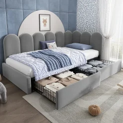 Lit Banquette 90x200 cm - Lit Enfant Capitonné avec 2 Tiroirs de Rangement et Sommier à Lattes, en Velours - sans Matelas - Gris