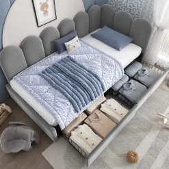 Lit Banquette 90x200 cm - Lit Enfant Capitonné avec 2 Tiroirs de Rangement et Sommier à Lattes, en Velours - sans Matelas - Gris