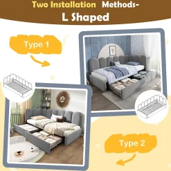 Lit Banquette 90x200 cm - Lit Enfant Capitonné avec 2 Tiroirs de Rangement et Sommier à Lattes, en Velours - sans Matelas - Gris