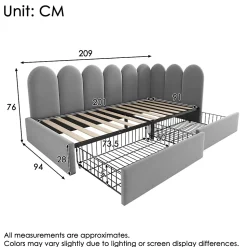 Lit Banquette 90x200 cm - Lit Enfant Capitonné avec 2 Tiroirs de Rangement et Sommier à Lattes, en Velours - sans Matelas - Gris