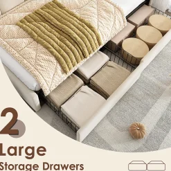 Lit Banquette 90x200 cm - Lit Enfant Capitonné avec 2 Tiroirs de Rangement et Sommier à Lattes, en Velours - sans Matelas - Beige