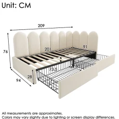 Lit Banquette 90x200 cm - Lit Enfant Capitonné avec 2 Tiroirs de Rangement et Sommier à Lattes, en Velours - sans Matelas - Beige