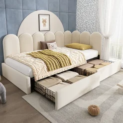 Lit Banquette 90x200 cm - Lit Enfant Capitonné avec 2 Tiroirs de Rangement et Sommier à Lattes, en Velours - sans Matelas - Beige